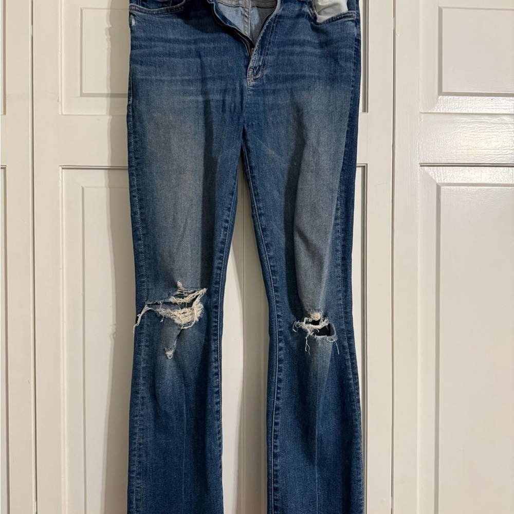 MOTHER Blue Flare Wide Leg Jeans Distressed